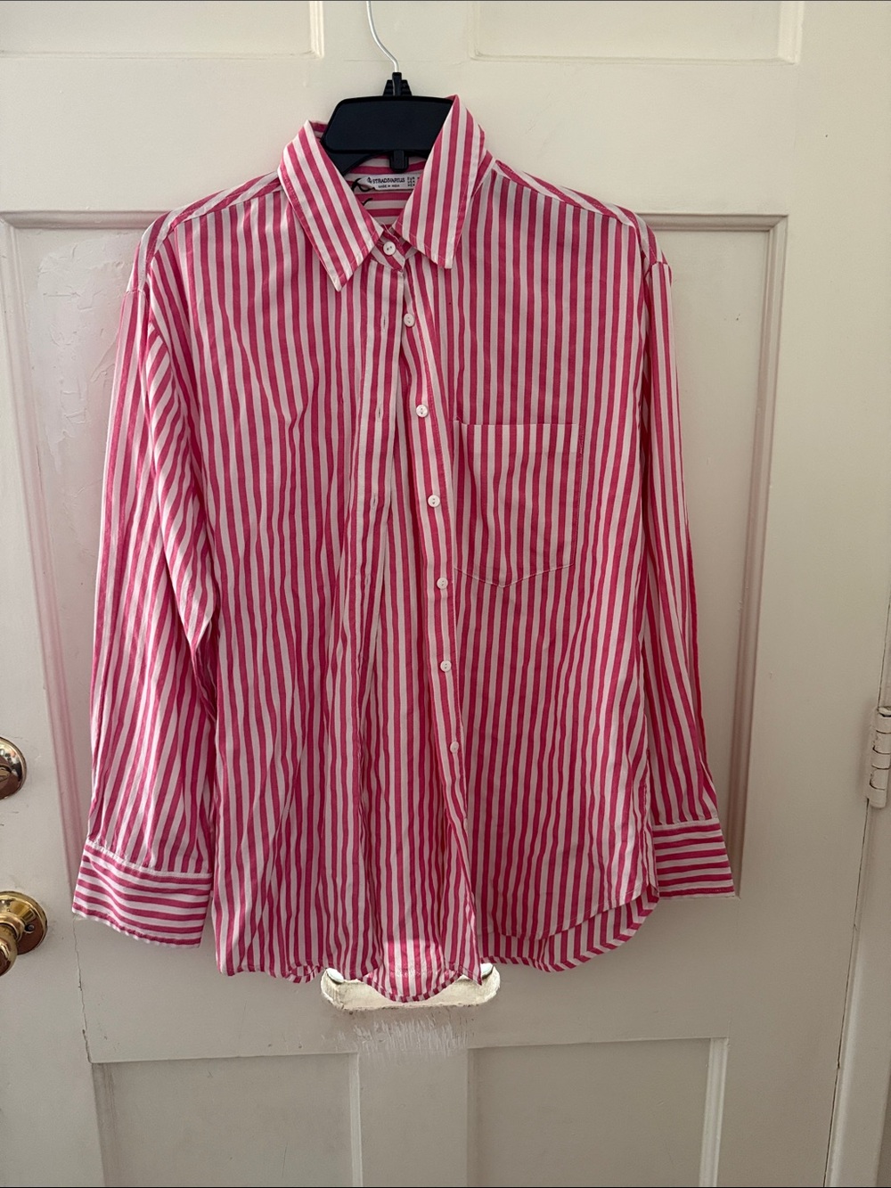 stradivarius Pink and White Vertical Stripe Button-Down Shirt